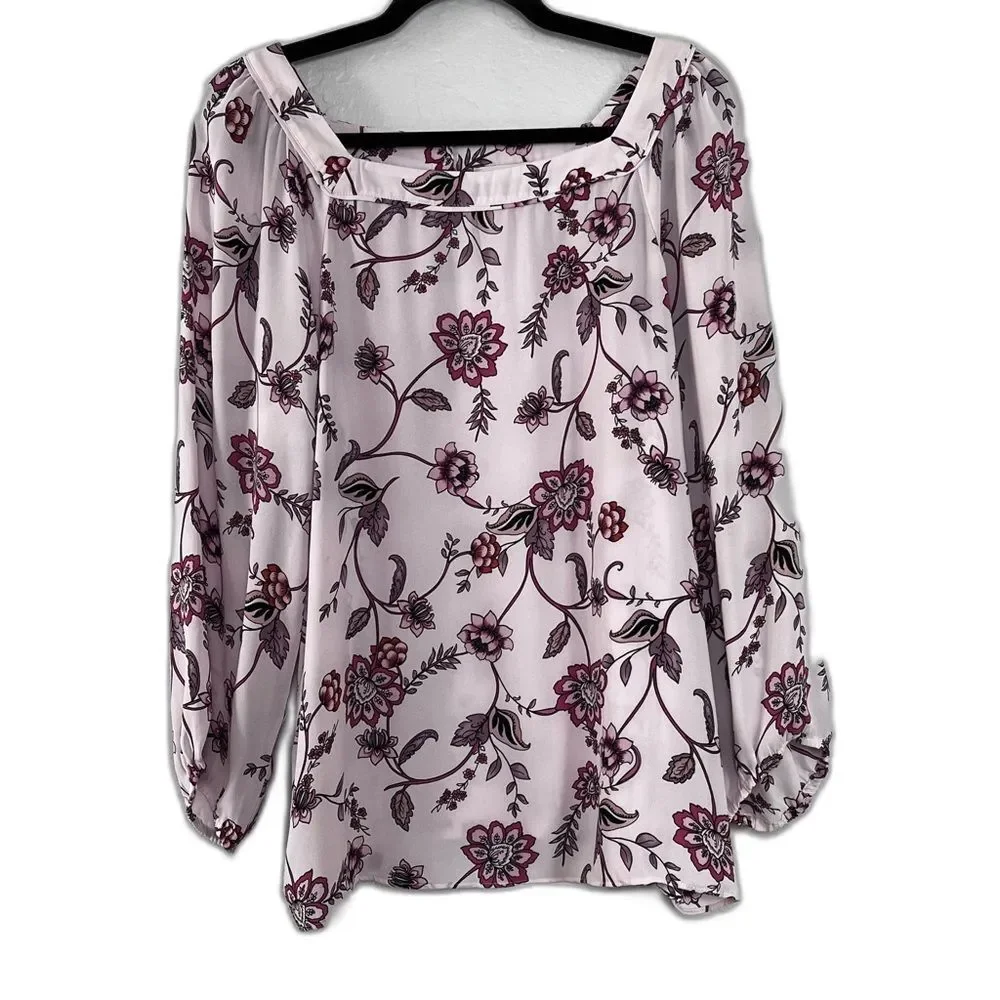 LOFT Floral Blouse Light Pink Purple Square Neckline Size Large Romantic
